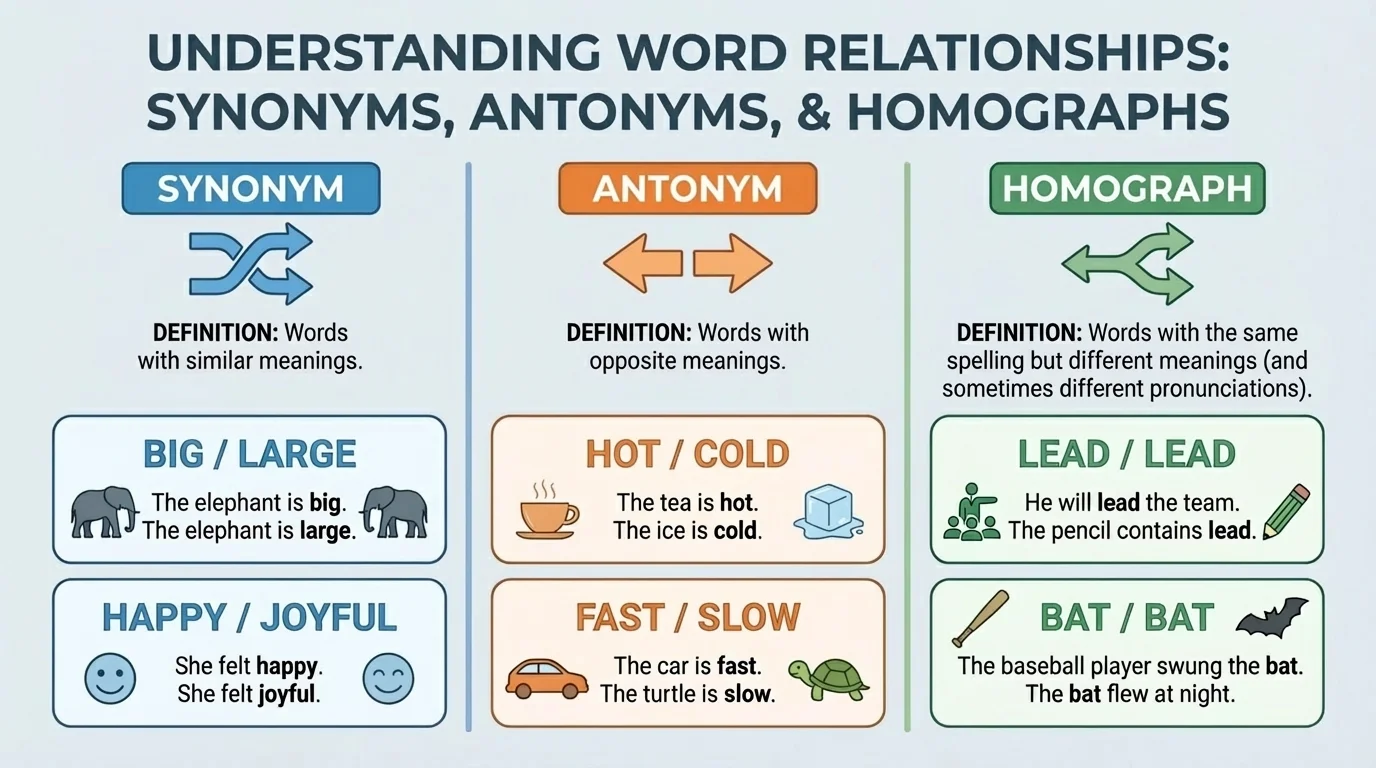 chart comparing synonym, antonym, and homograph with example word pairs and short sample sentences