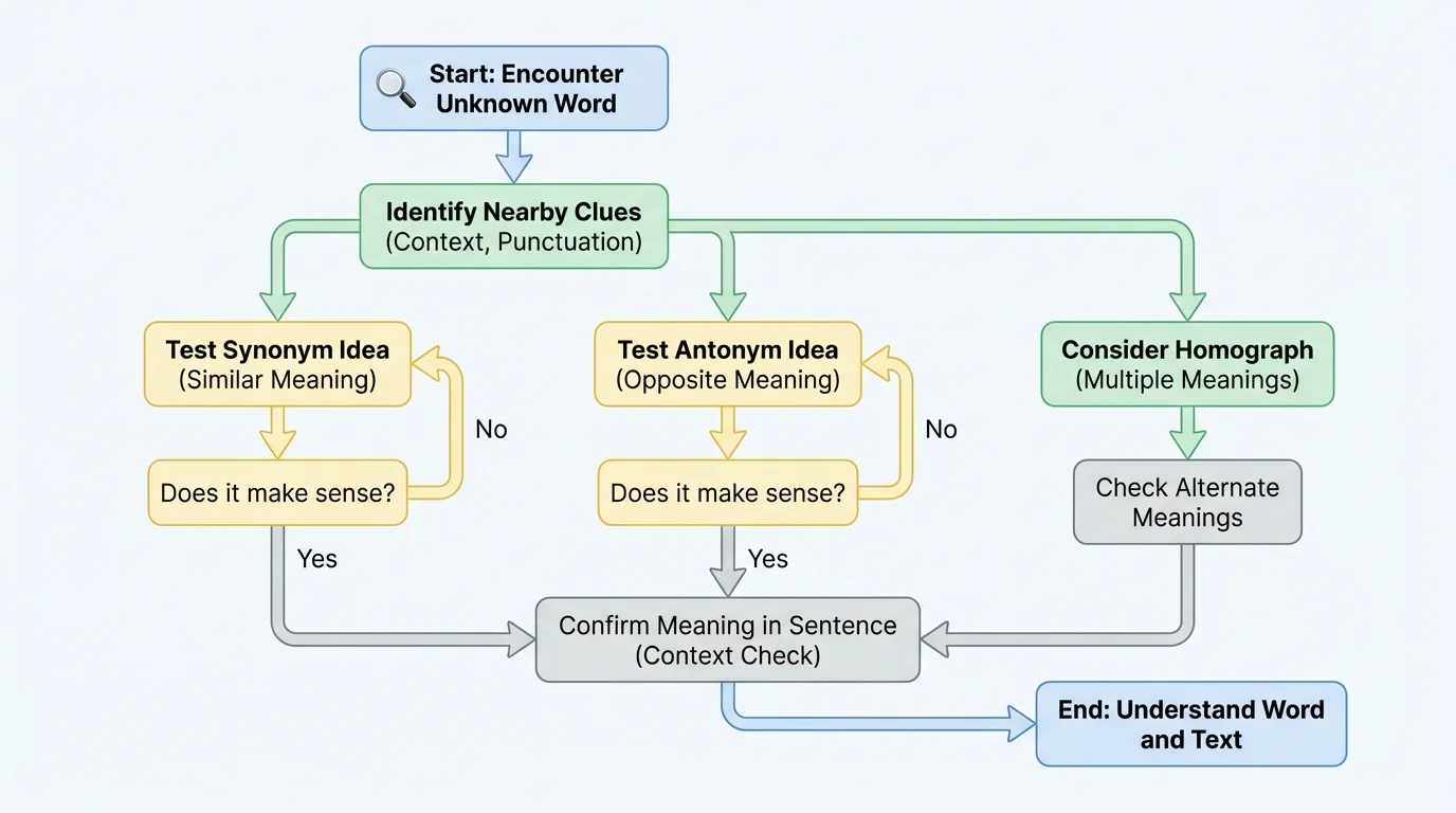 flowchart for identifying an unknown word, checking nearby clues, testing synonym or antonym ideas, and confirming meaning in the sentence