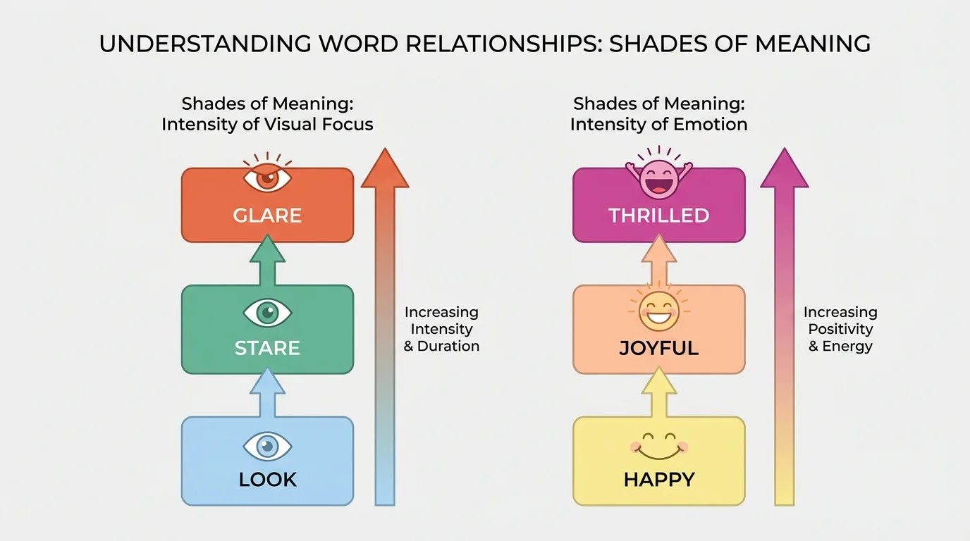 word ladder showing shades of meaning from look to stare to glare and from happy to joyful to thrilled