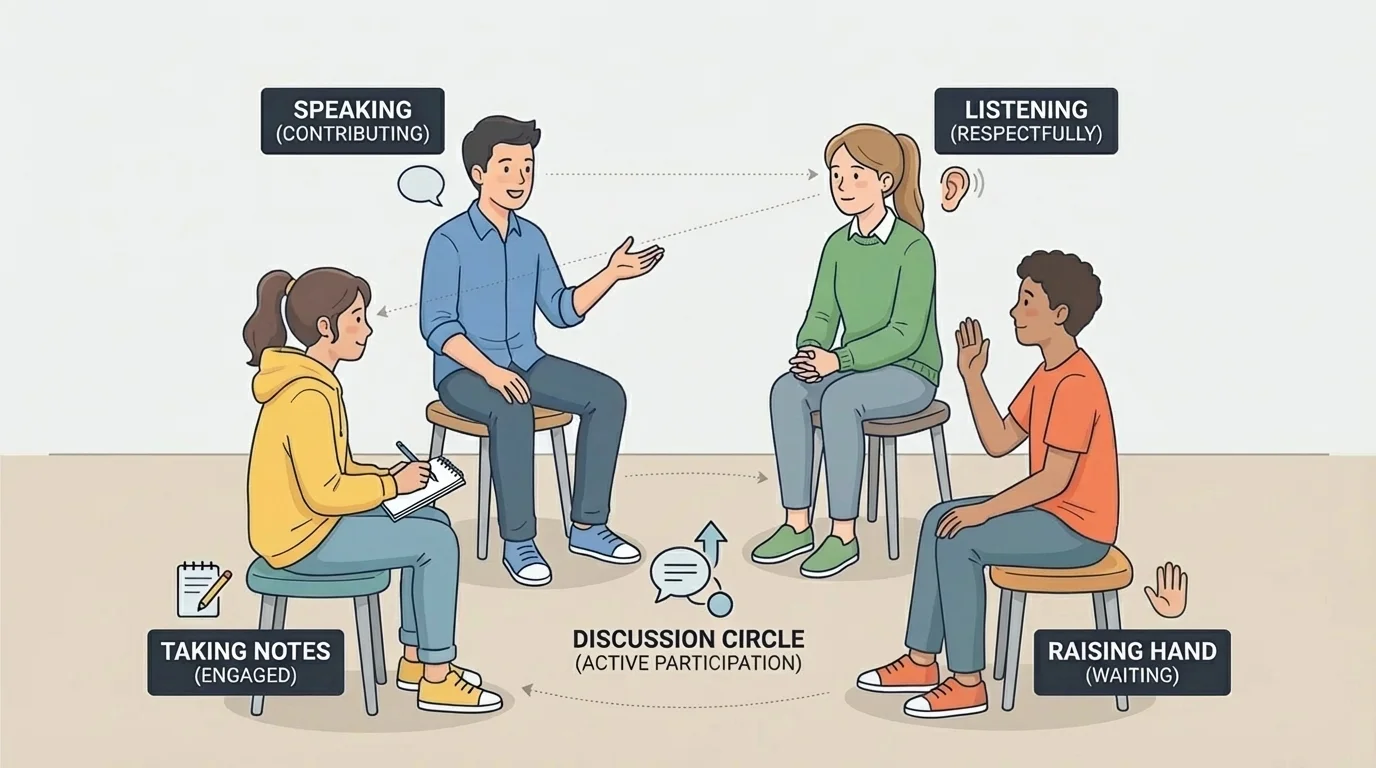 illustration of four students in a discussion circle showing eye contact, note-taking, one student speaking, one raising a hand, and others listening respectfully without interrupting