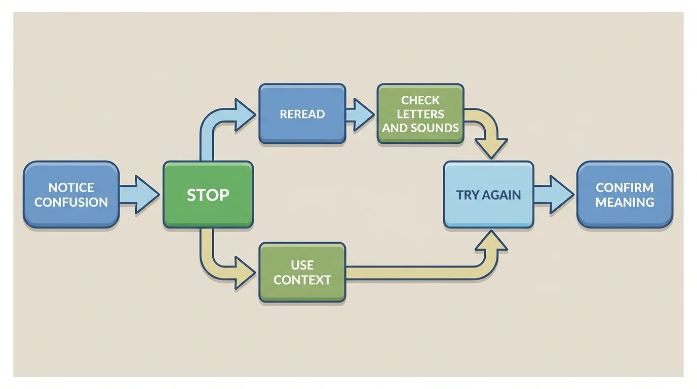 flowchart with boxes reading notice confusion, stop, reread, check letters and sounds, use context, try again, confirm meaning