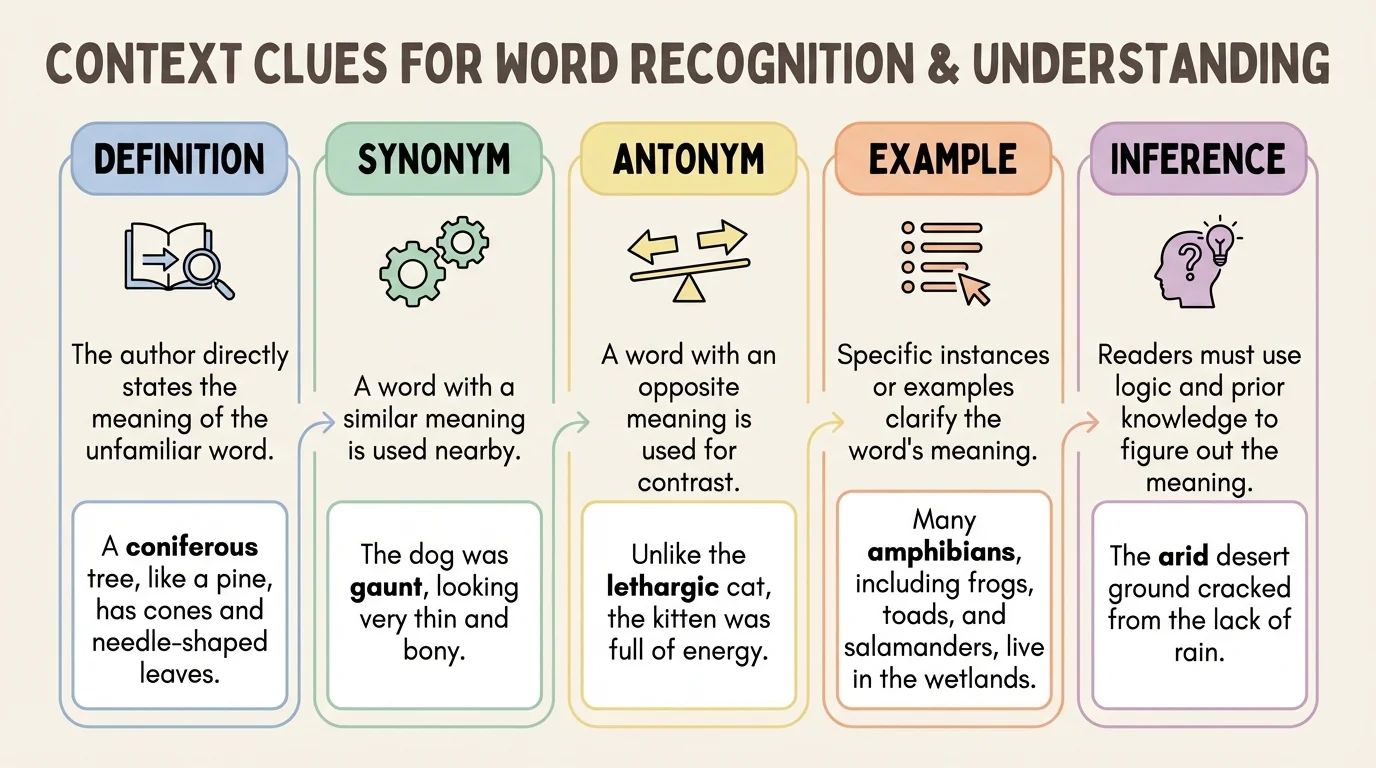 chart showing definition, synonym, antonym, example, and inference context clues with one simple sentence each