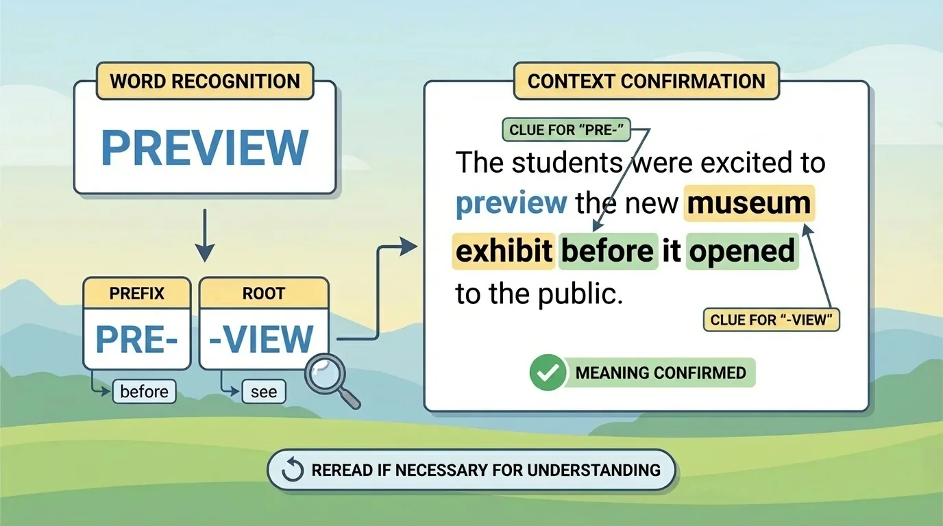 diagram of the word preview split into pre + view beside a sentence showing how context confirms its meaning
