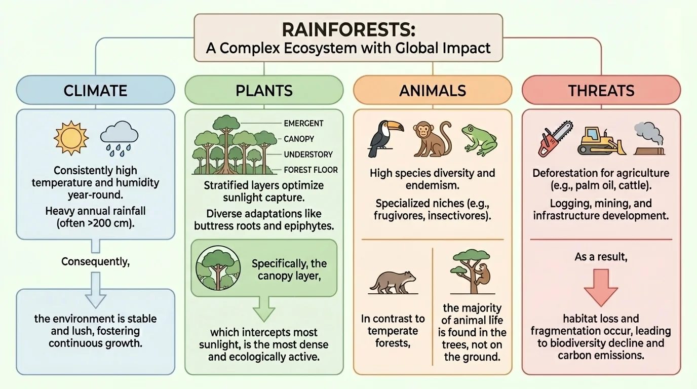 chart showing an informational article about rainforests with main topic at top, subheadings climate, plants, animals, threats, and grouped supporting details under each heading