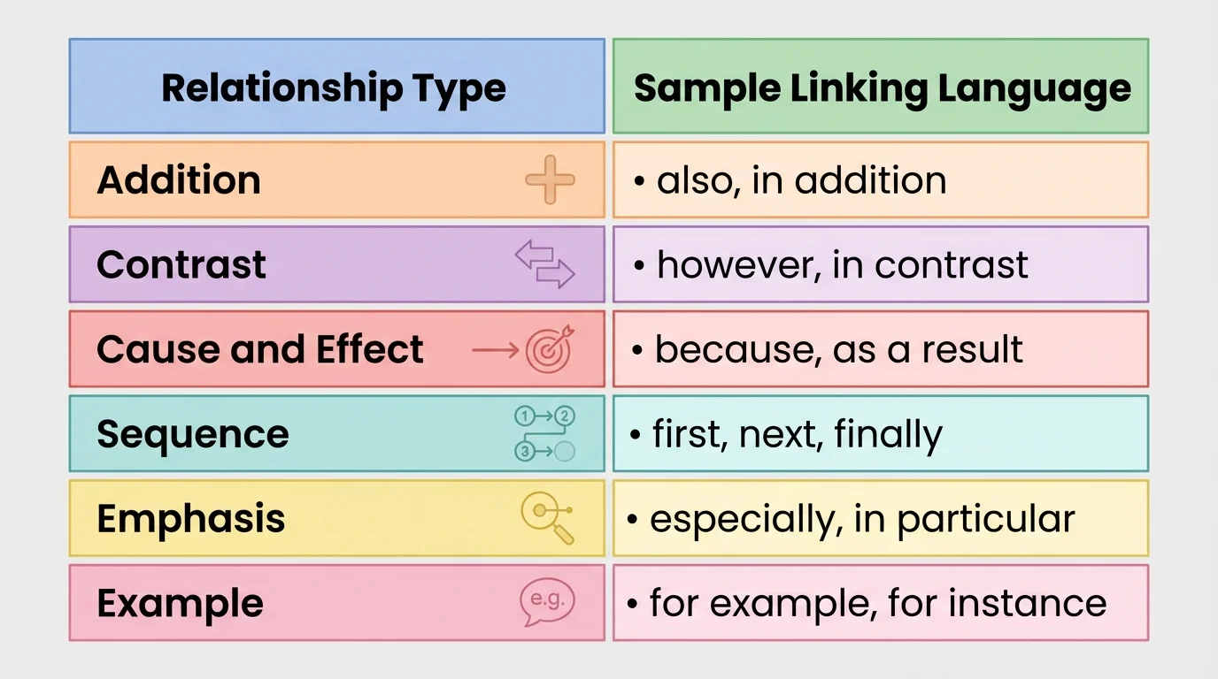 chart with columns labeled Relationship Type and Sample Linking Language, including addition-also/in addition, contrast-however/in contrast, cause and effect-because/as a result, sequence-first/next/finally, emphasis-especially/in particular, example-for example/for instance
