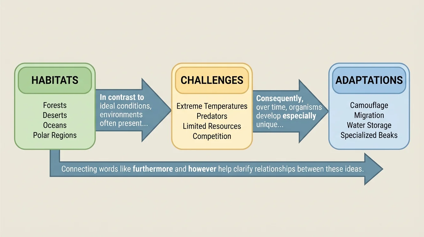 flowchart with boxes labeled Habitats, Challenges, Adaptations, and examples of bridge sentences connecting one section to the next