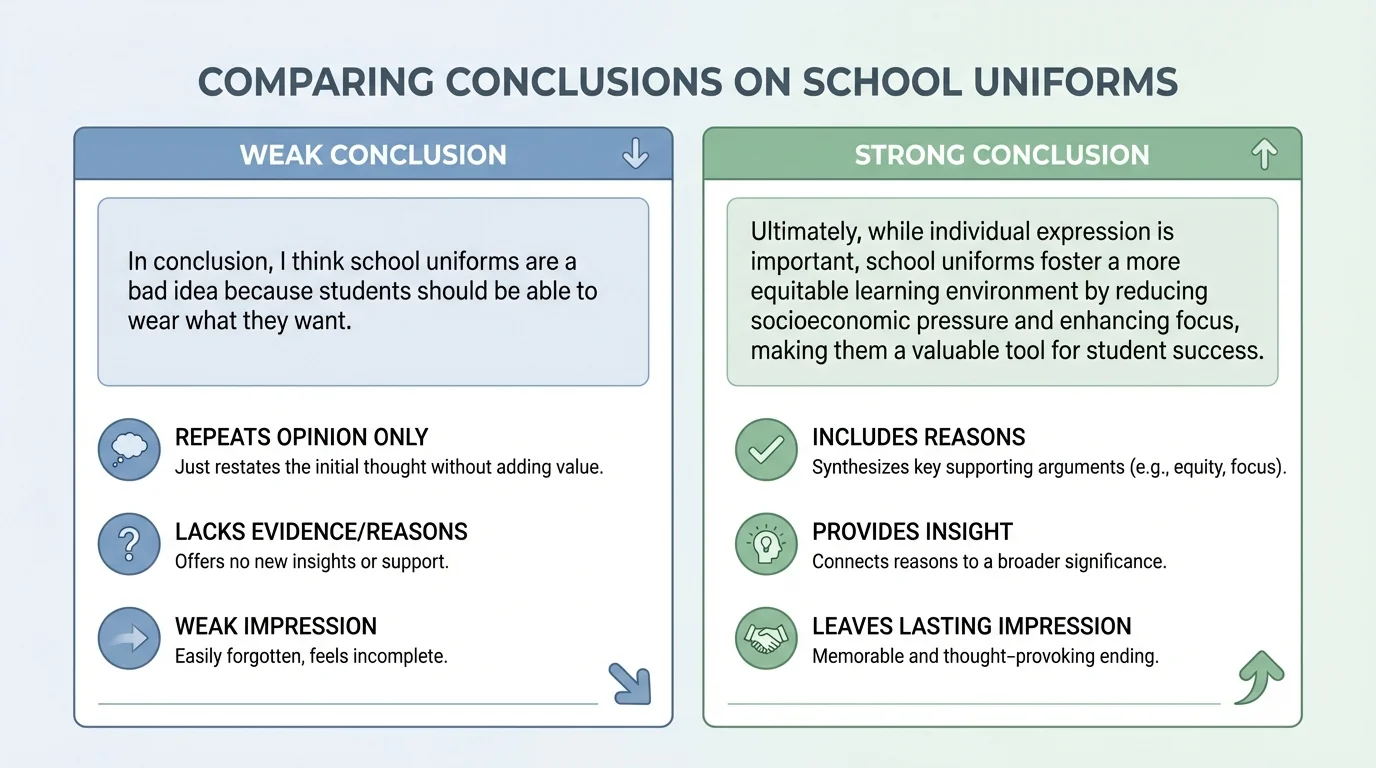 Chart comparing a weak conclusion and a strong conclusion about school uniforms, with labels such as repeats opinion only, includes reasons, and leaves lasting impression