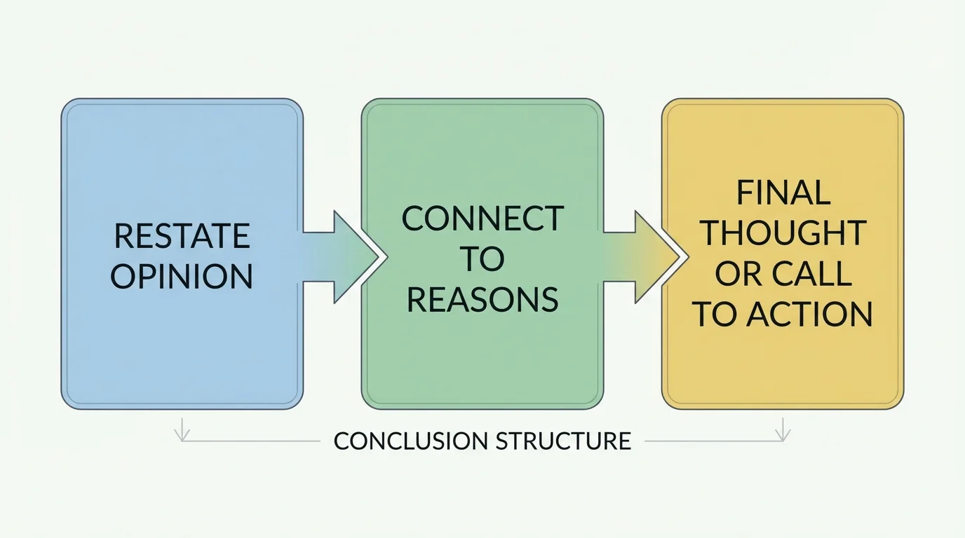 Flowchart showing conclusion structure with three boxes labeled restate opinion, connect to reasons, and final thought or call to action