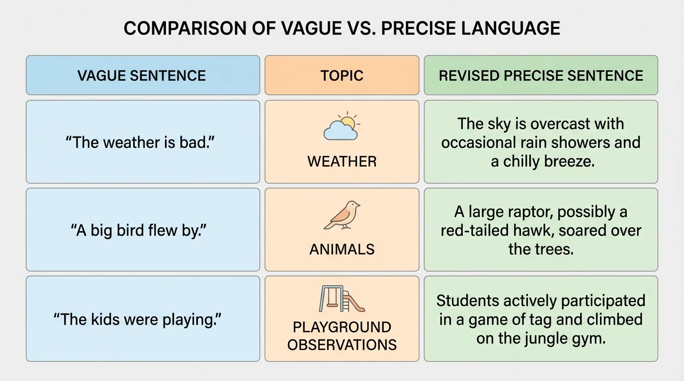 chart comparing vague sentences with revised precise sentences about weather, animals, and playground observations