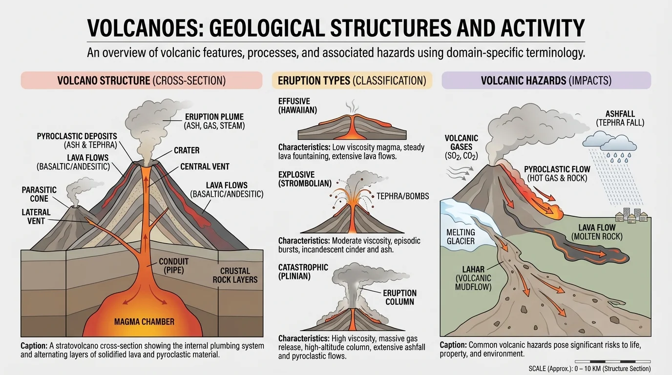 diagram of an informational page about volcanoes labeled with heading, subheading, bold terms, caption, and grouped sections