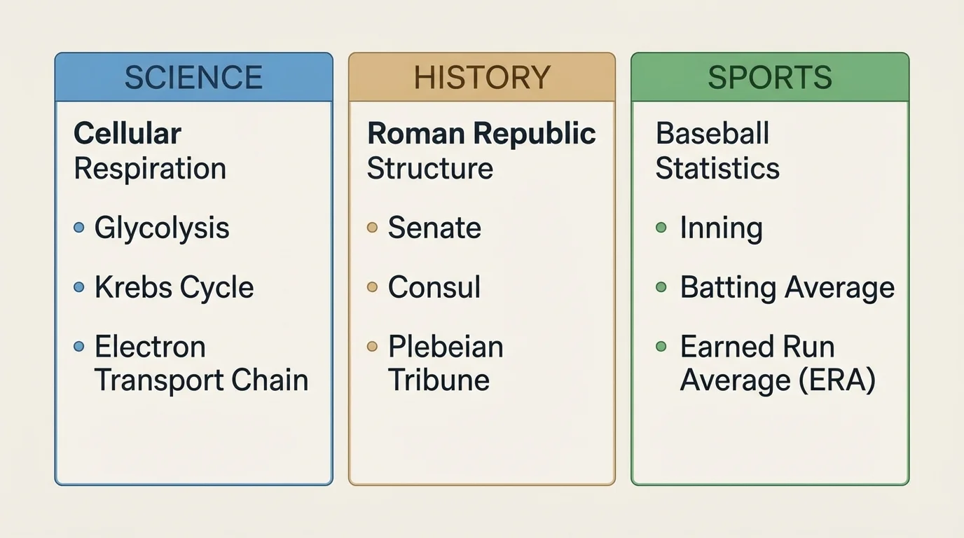 chart with three columns labeled science, history, and sports, each containing precise domain-specific words for one sample topic