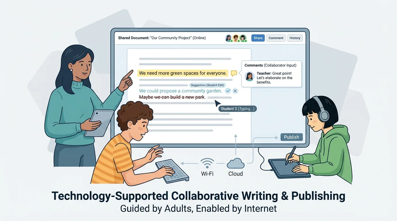 two students and a teacher using one shared document with comment bubbles, suggestion marks, and highlighted edits