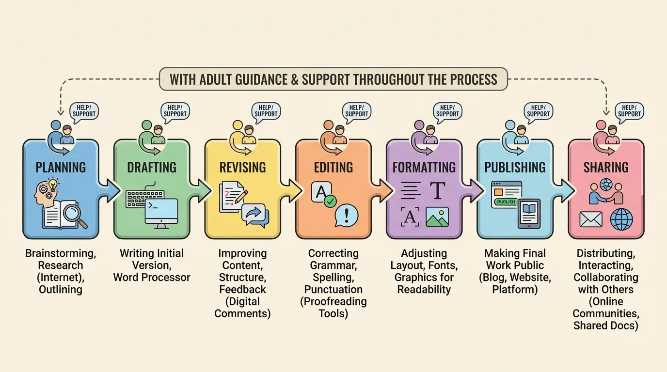 flowchart of planning, drafting, revising, editing, formatting, publishing, and sharing a student writing piece