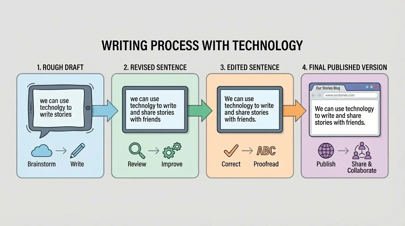 chart showing rough draft sentence, revised sentence, edited sentence, and final published version with clearer grammar and punctuation