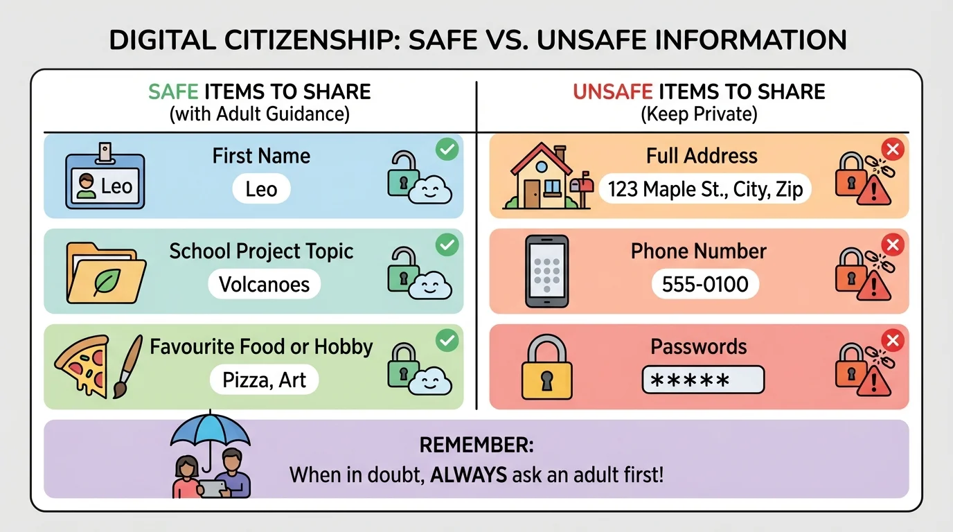chart comparing safe items to share, like first name and school project topic, with unsafe items, like address, phone number, and passwords
