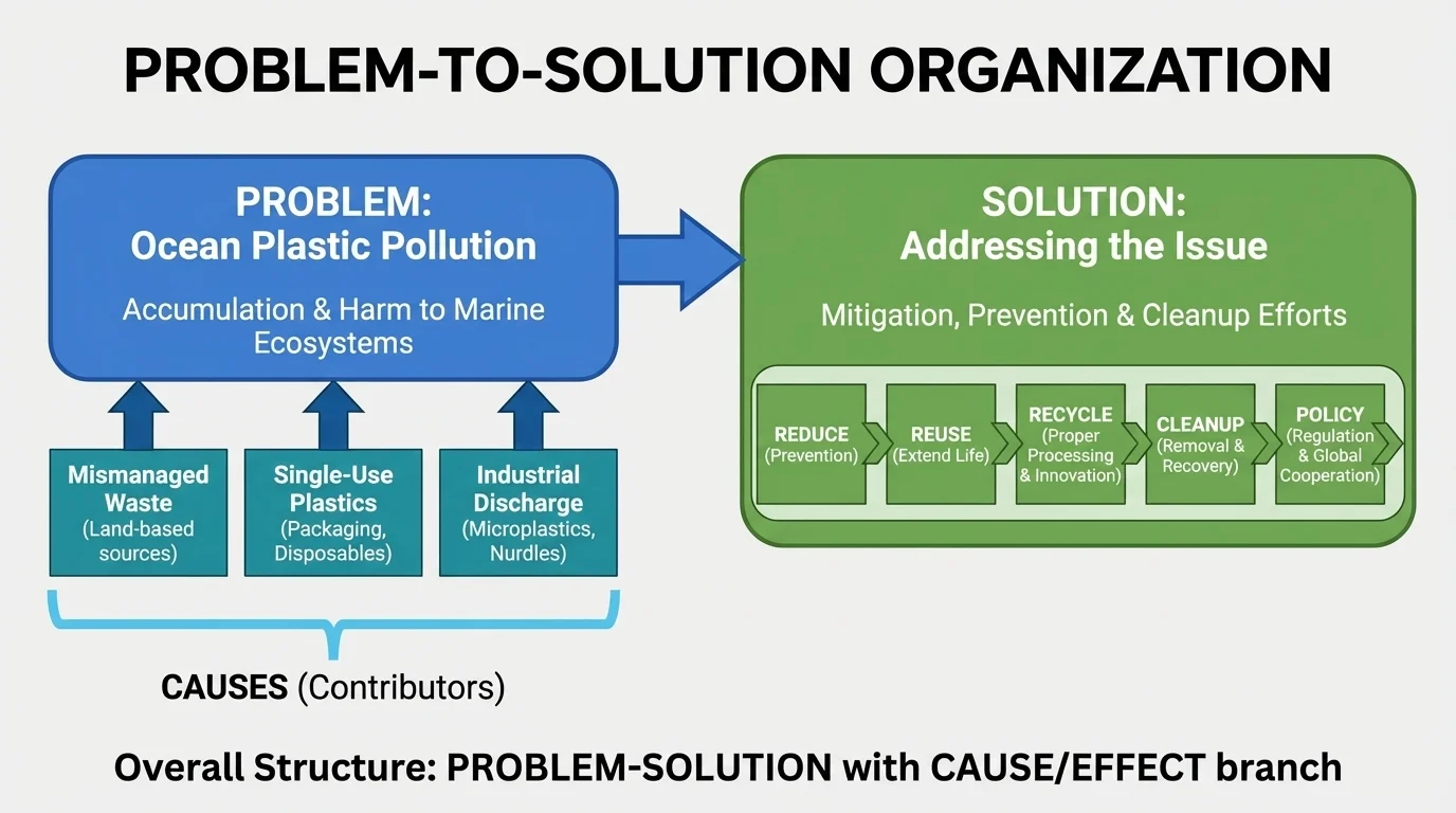flowchart of an article about ocean plastic showing overall problem-to-solution organization with one smaller branch explaining causes
