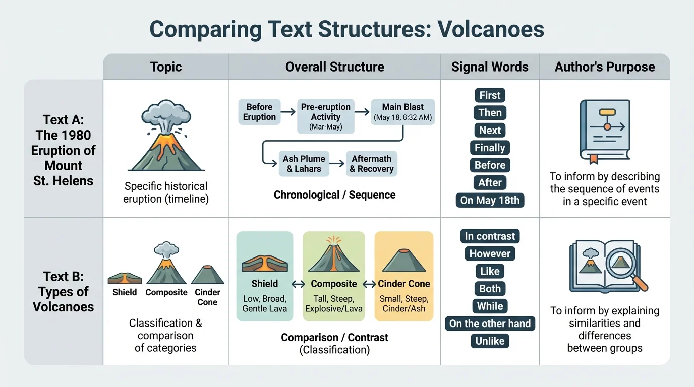 chart comparing two short volcano texts with columns labeled topic, overall structure, signal words, and author's purpose
