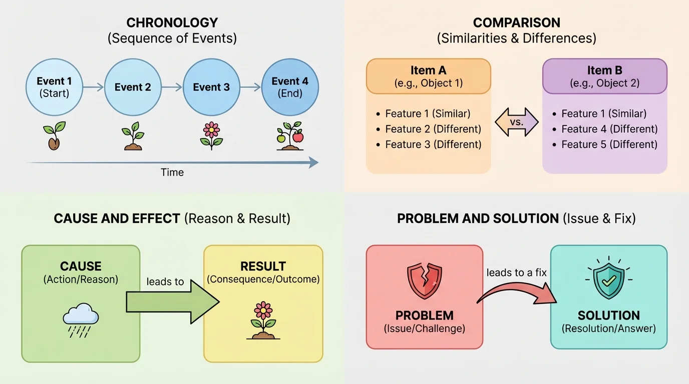chart showing chronology as a simple timeline, comparison as two side-by-side columns, cause and effect as arrows from cause to result, and problem and solution as an issue leading to a fix