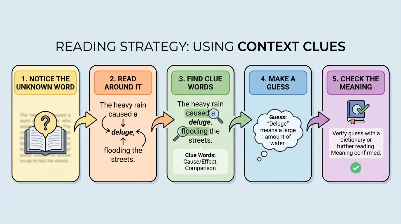 Reading strategy flowchart: notice the unknown word, read around it, find clue words, make a guess, and check the meaning