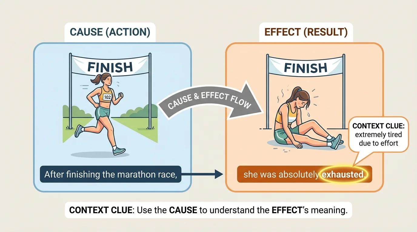 Flow of cause and effect in a sentence, with a runner finishing a race and then collapsing from being exhausted