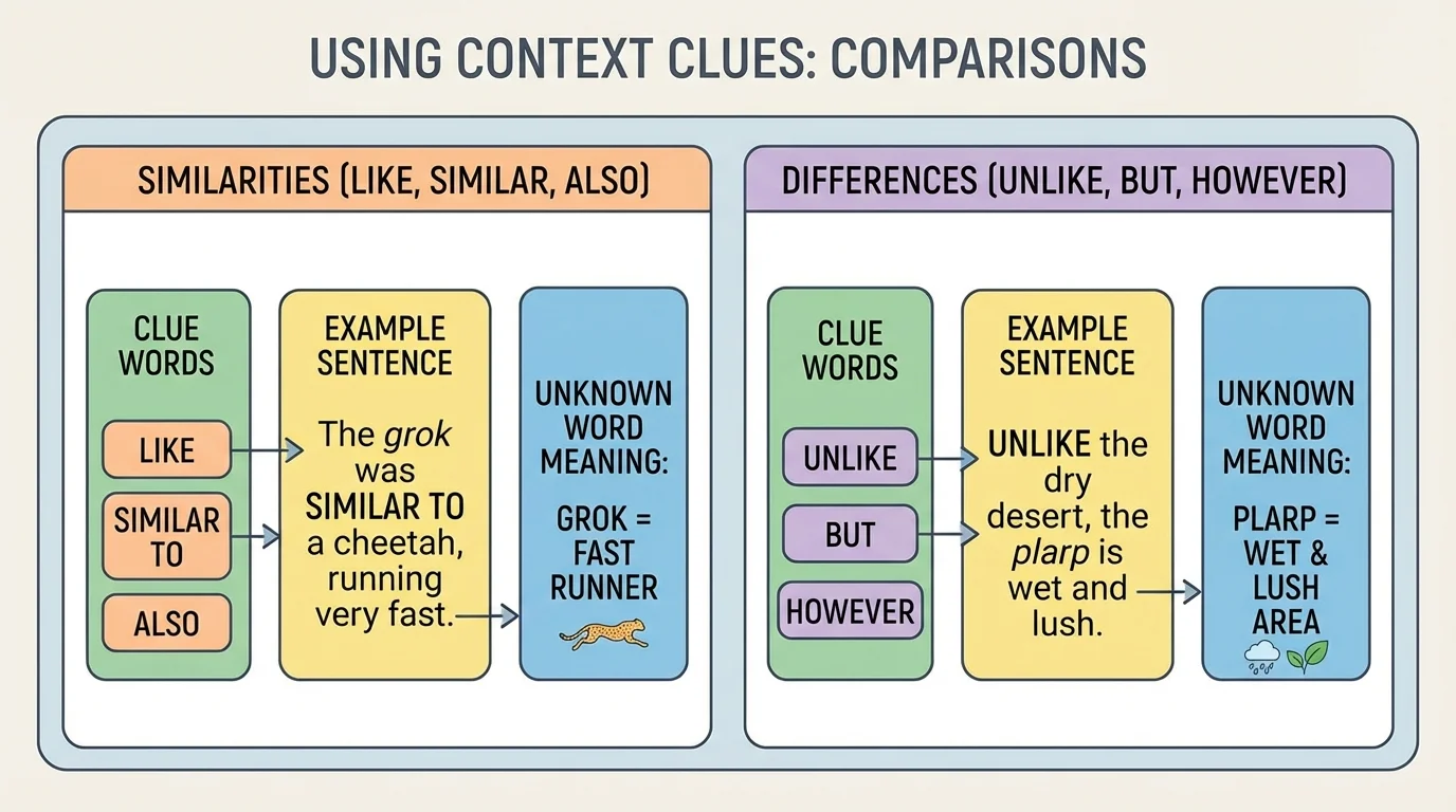 Comparison chart showing how clue words like similar, unlike, but, and however help define an unknown word