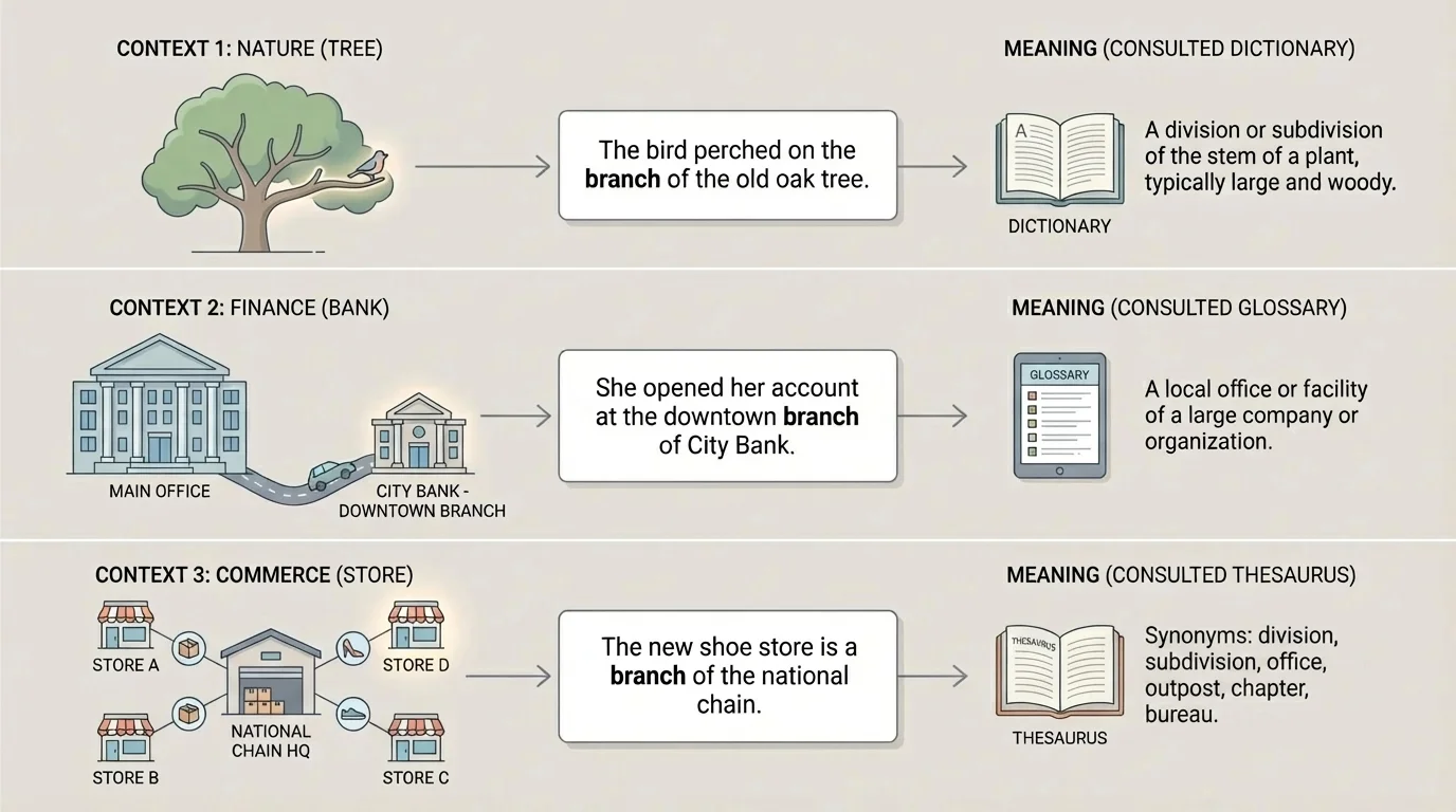 Chart showing the word "branch" in a tree sentence, a bank sentence, and a store sentence, each matched to a different meaning