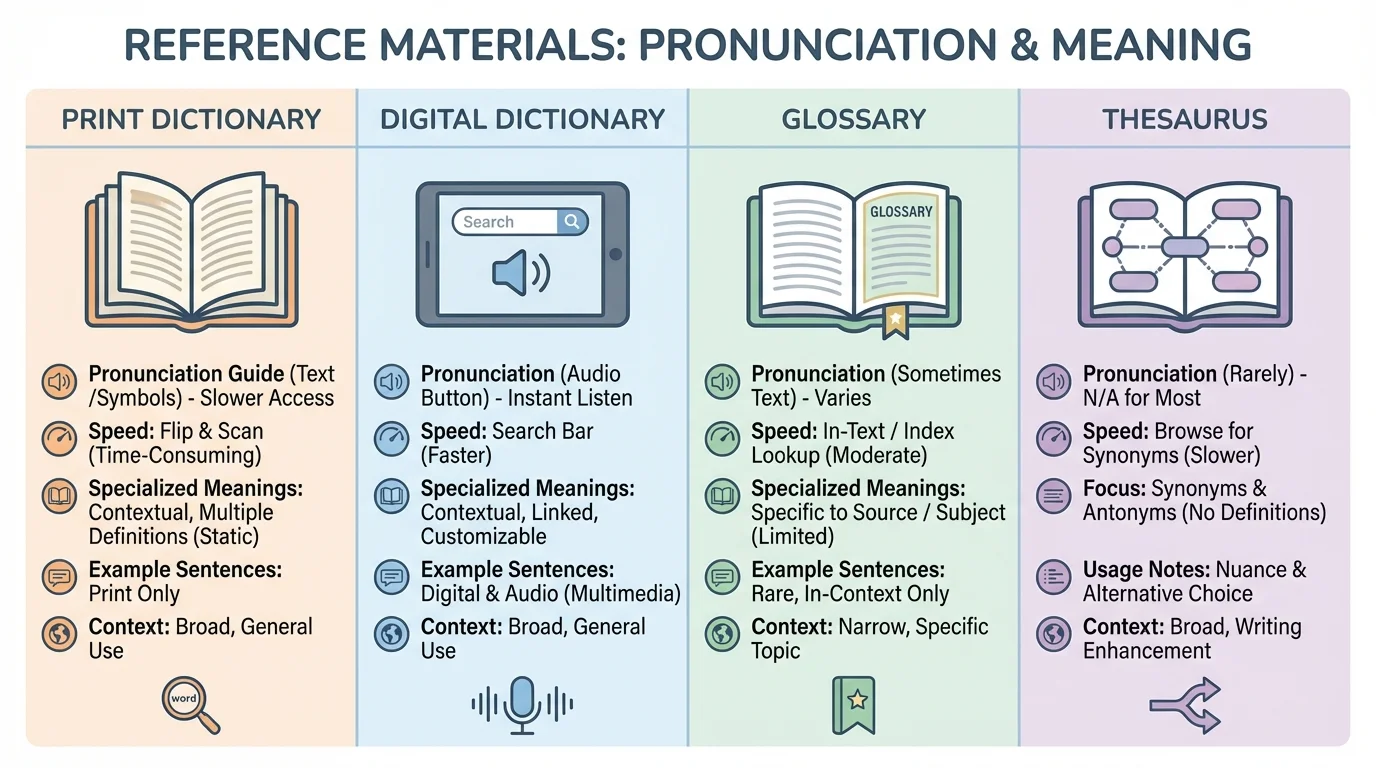 Comparison chart of print dictionary, digital dictionary, glossary, and thesaurus with features like pronunciation audio, speed, and specialized meanings
