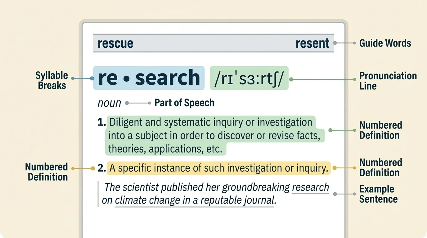 Labeled dictionary entry showing guide words, syllable breaks, pronunciation line, part of speech, numbered definitions, and example sentence