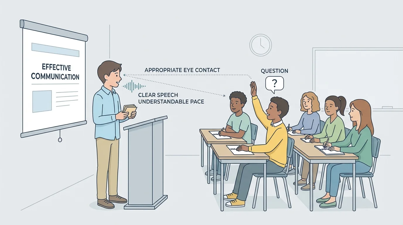 Classroom presentation illustration with student speaker, note cards, attentive audience, and one student asking a question