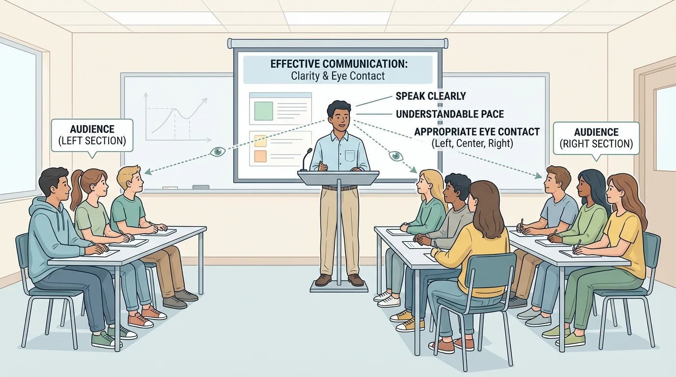Student speaker at front of class making eye contact with left, center, and right sections of audience