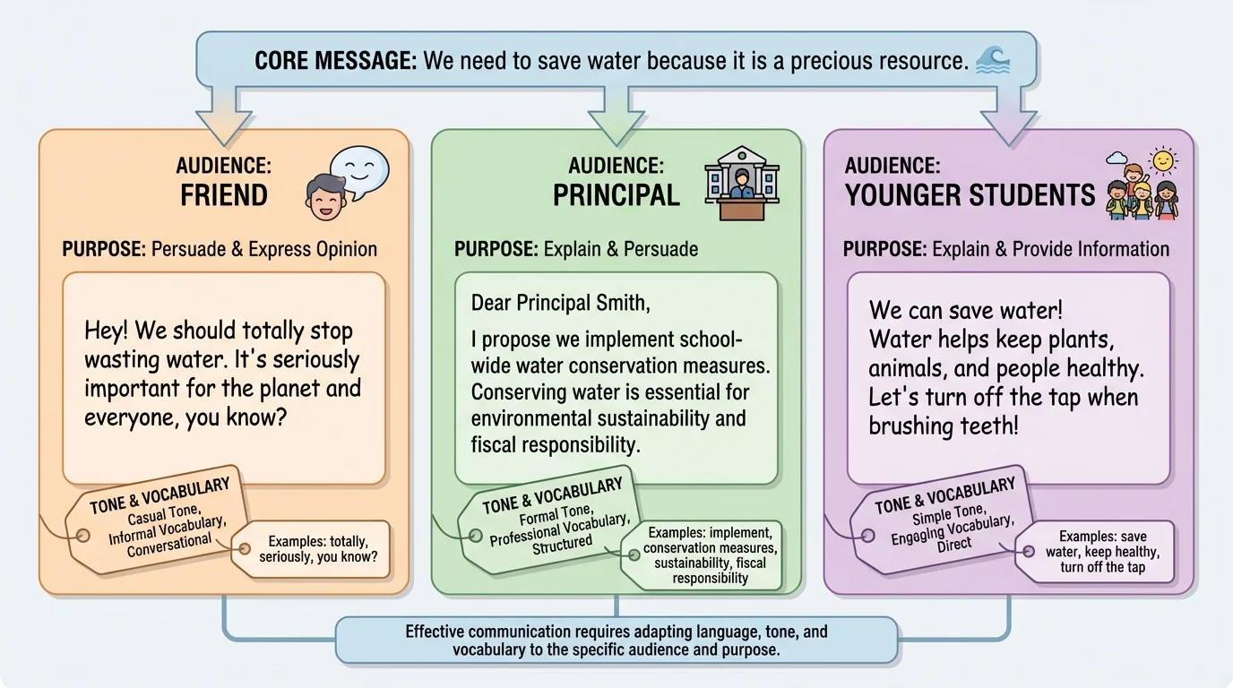 one message rewritten for three audiences—friend, principal, and younger students—with differences in tone and vocabulary