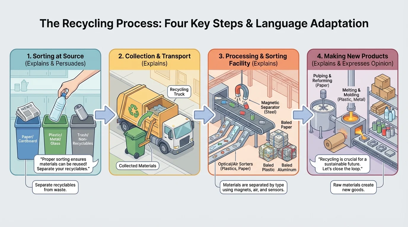 four-step process showing how recycling works, from sorting materials to collection to processing to making new products