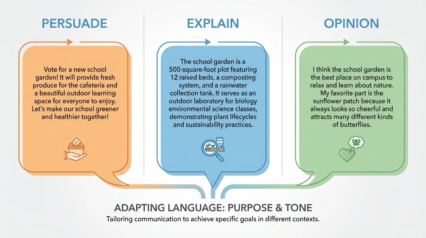 comparison chart with three speech bubbles about a school garden, labeled persuade, explain, and opinion, each using different kinds of language