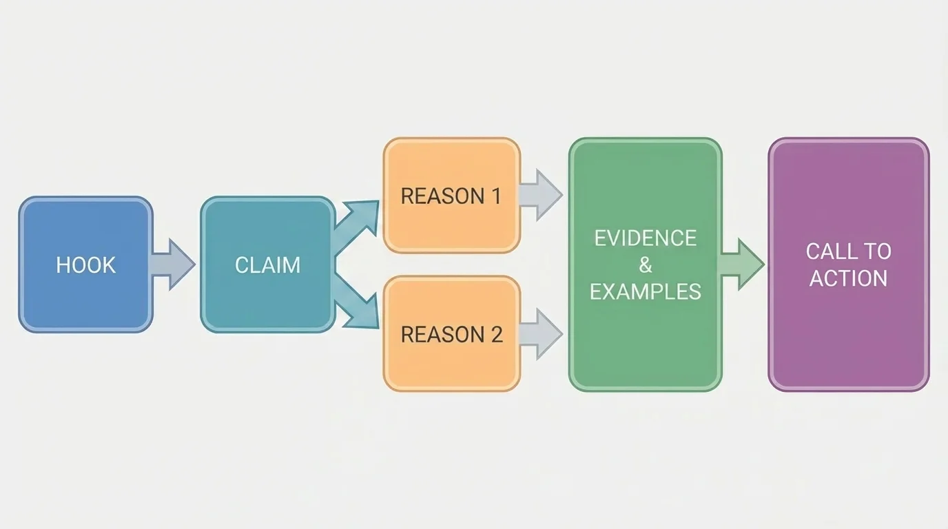 persuasive speaking structure with boxes labeled hook, claim, reason 1, reason 2, evidence/examples, call to action