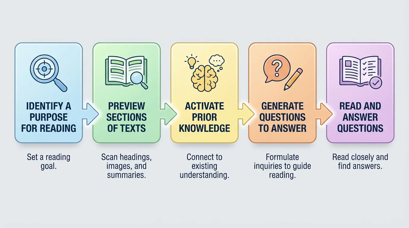 Flowchart showing purpose → preview → activate prior knowledge → ask questions → read and answer questions