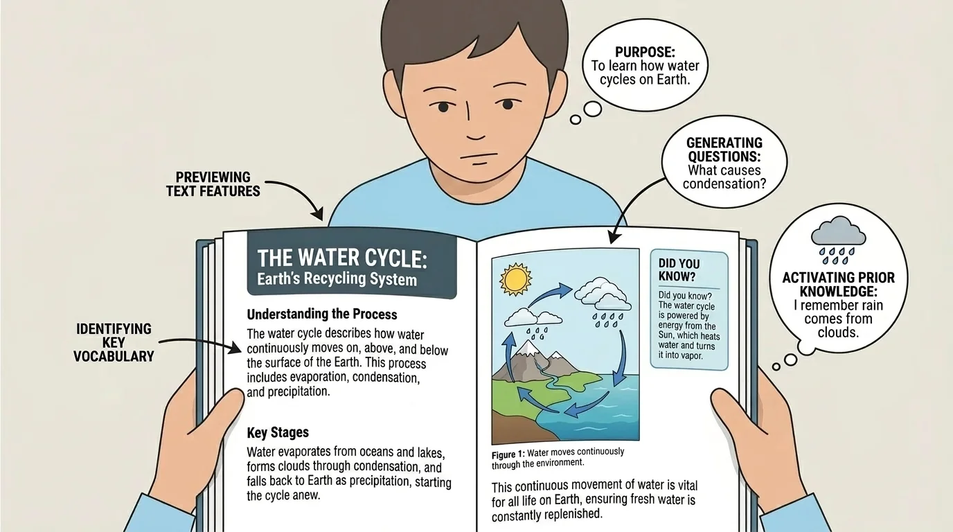 Student examining a book page with title, headings, illustration, caption, bold words, and sidebar labeled as text features