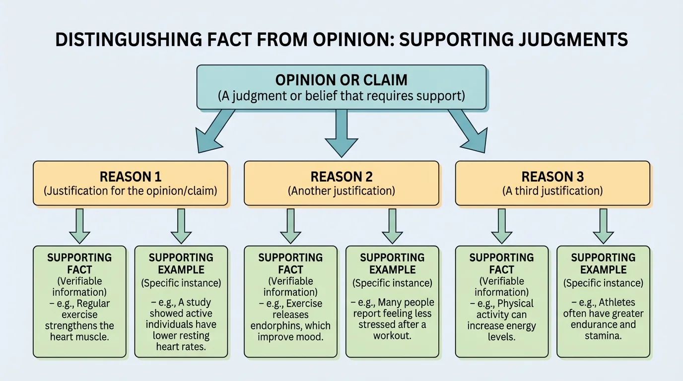 Flowchart with a top box labeled opinion or claim, arrows to reason boxes, and arrows from each reason to supporting facts and examples