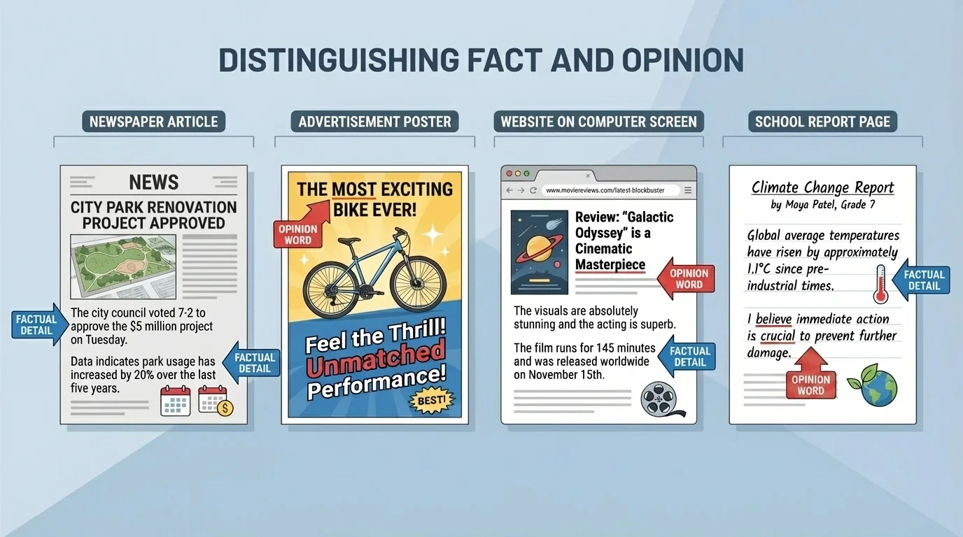 Educational illustration showing a newspaper article, advertisement poster, website on a computer screen, and school report page, each with labels pointing to factual details and opinion words