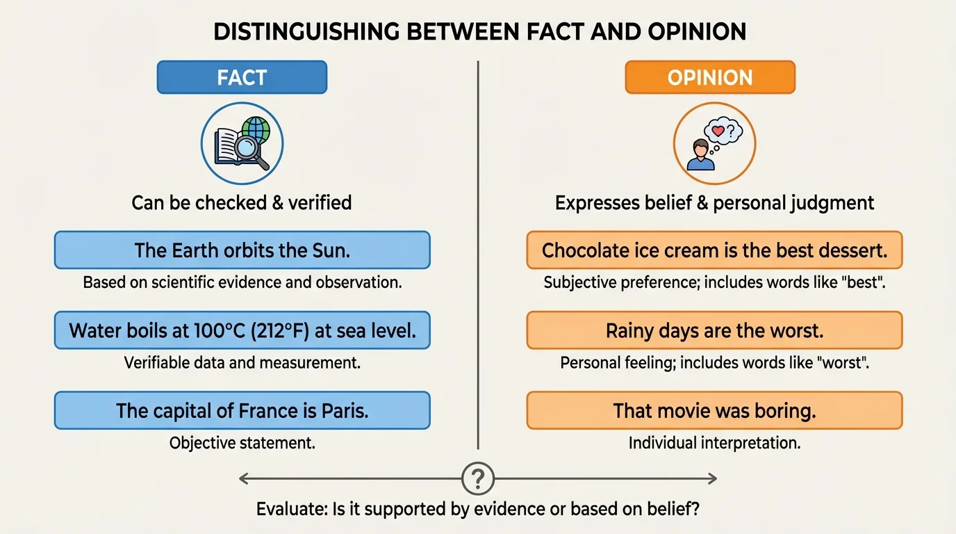 Side-by-side comparison chart of fact and opinion with simple example sentences, labels such as can be checked, based on evidence, expresses belief, and words like best or worst
