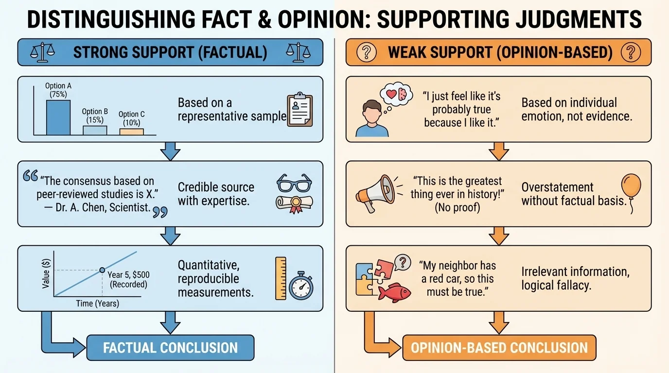 Two-column chart labeled strong support and weak support with examples such as survey results, expert quote, measured data, personal feeling, exaggeration, and unrelated detail