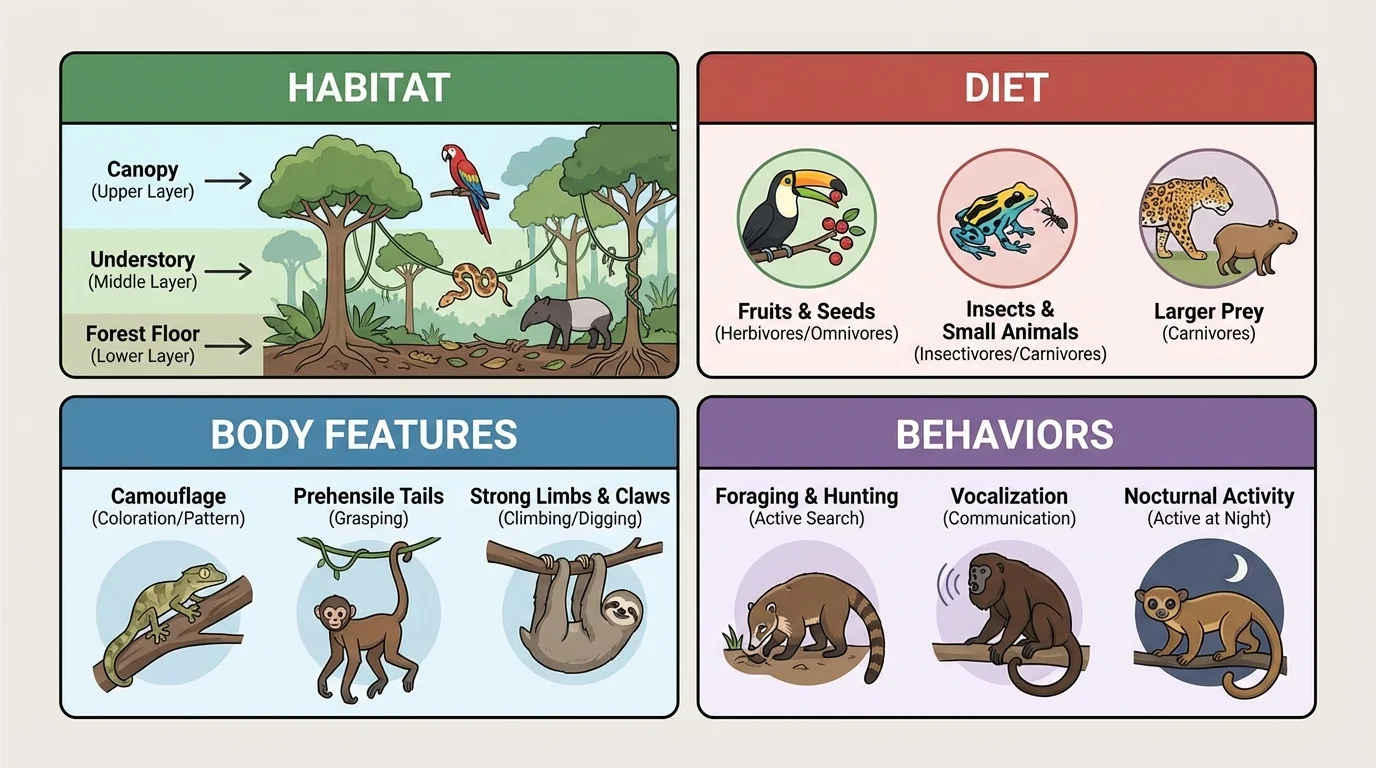Four-box organizer sorting rainforest animal information into habitat, diet, body features, and behaviors