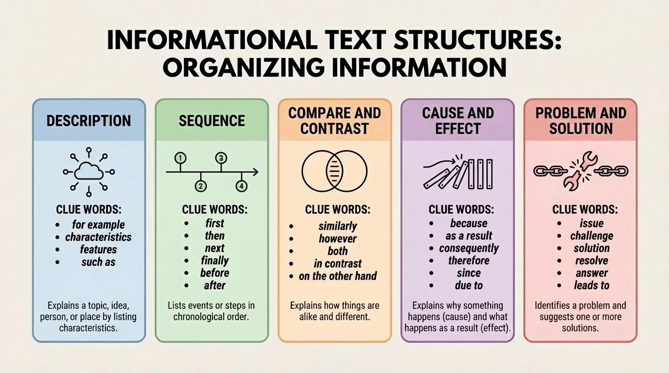 Chart showing description, sequence, compare and contrast, cause and effect, and problem and solution with arrows and sample clue words
