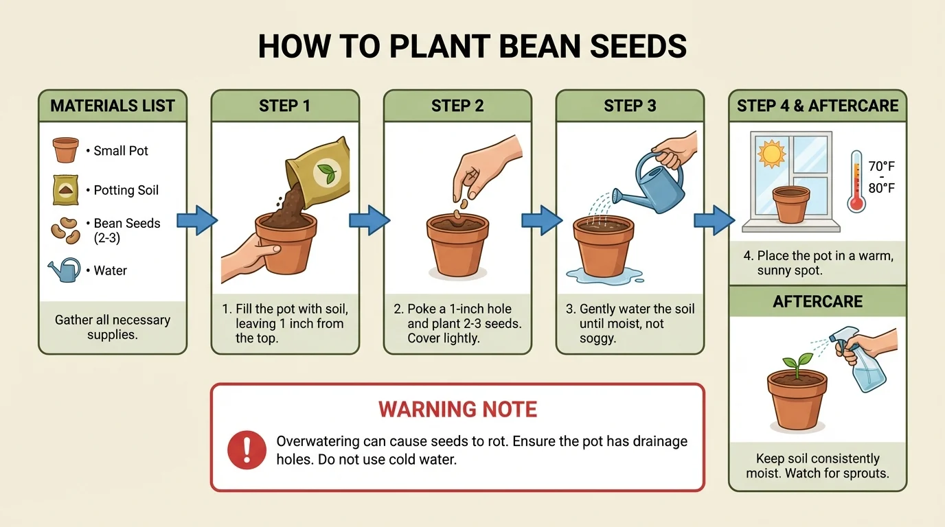 Flowchart of a how-to text for planting bean seeds with materials list, numbered steps, and warning note