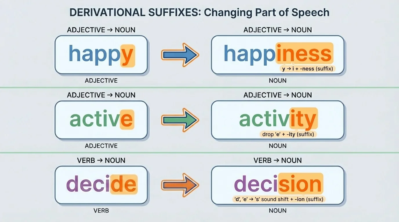 base words happy, active, decide with arrows to happiness, activity, decision; changed letters highlighted to show y to i, dropped e, and c to s sound shift