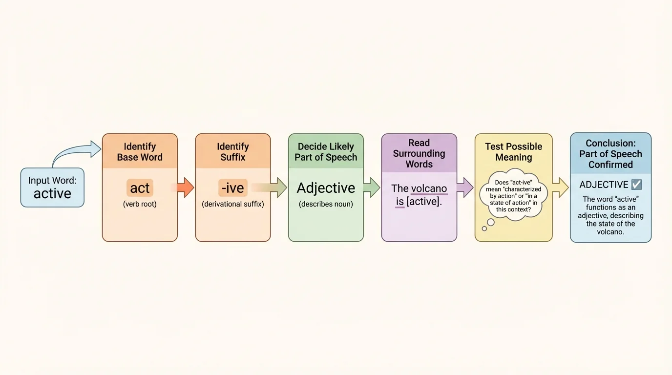 flowchart with boxes identify base word, identify suffix, decide likely part of speech, read surrounding words, test possible meaning