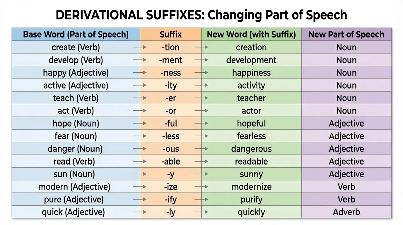comparison chart of suffixes -tion, -ment, -ness, -ity, -er, -or, -ful, -less, -ous, -able, -y, -ize, -ify, -ly with one sample word and resulting part of speech