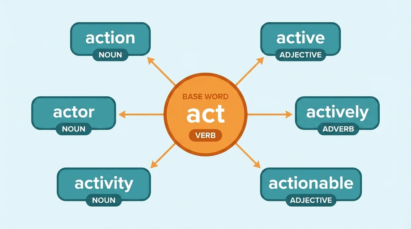 chart with base word 'act' in the center leading to act, action, active, actively, actor, and activity, each labeled verb, noun, adjective, adverb, noun, noun