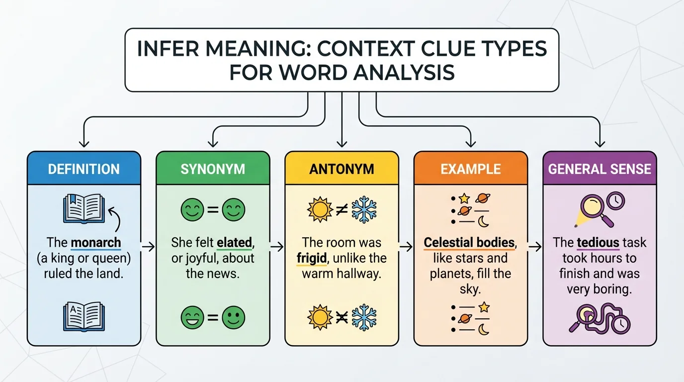 Five context clue types—definition, synonym, antonym, example, and general sense—with one short sample sentence for each