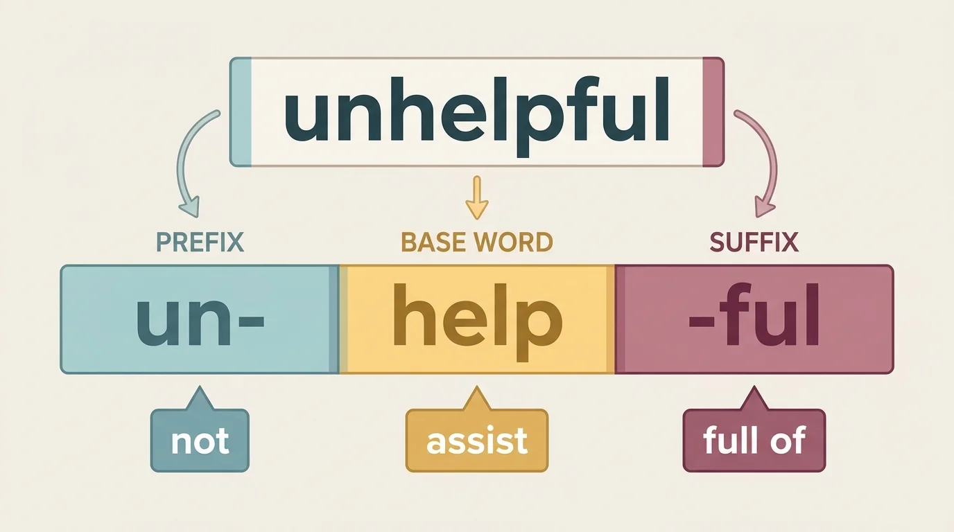 Word "unhelpful" split into prefix "un-", base word "help", and suffix "-ful," with short labels showing "not," "assist," and "full of"