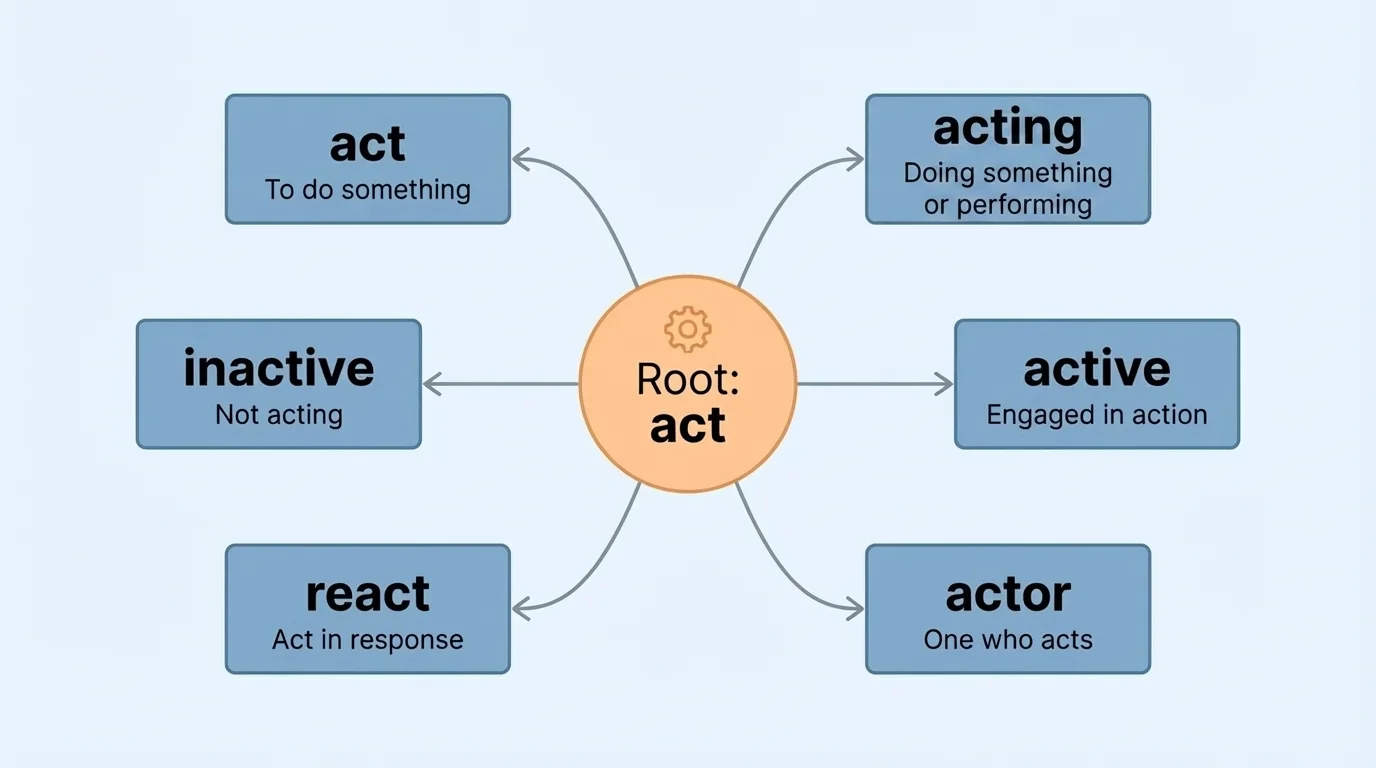 chart showing the root "act" in the center with branches to act, action, active, actor, react, inactive